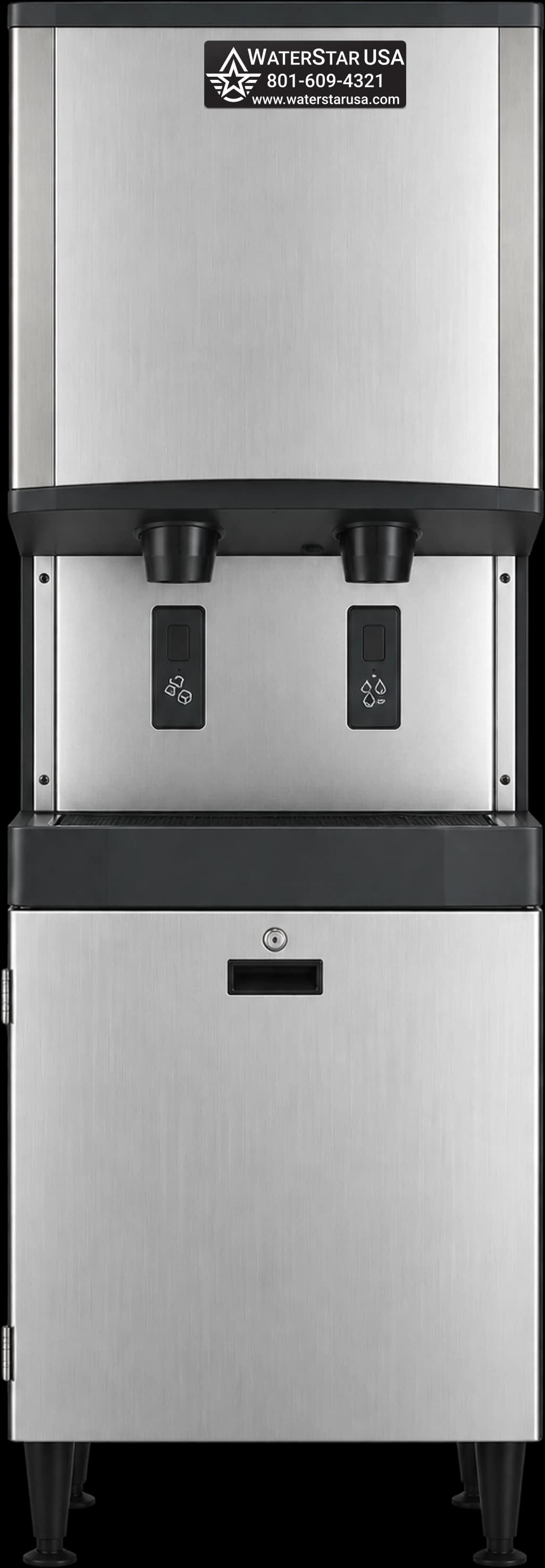 Floor-standing commercial ice and water dispenser